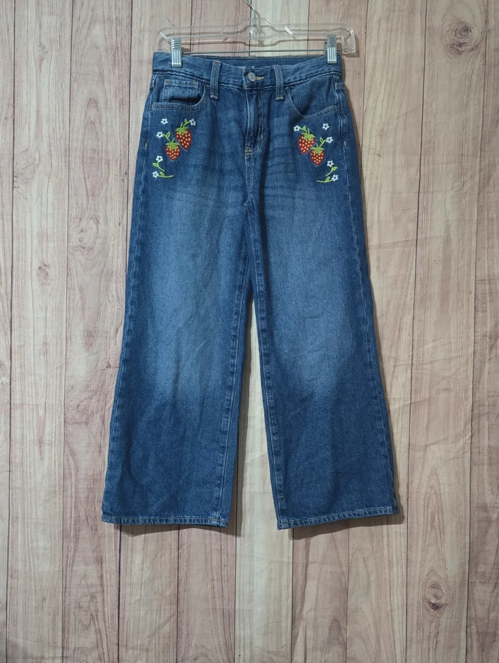 Old Navy Jeans Girls Dark Blue Wide-Leg Baggy With Strawberry Embroidery Size 12